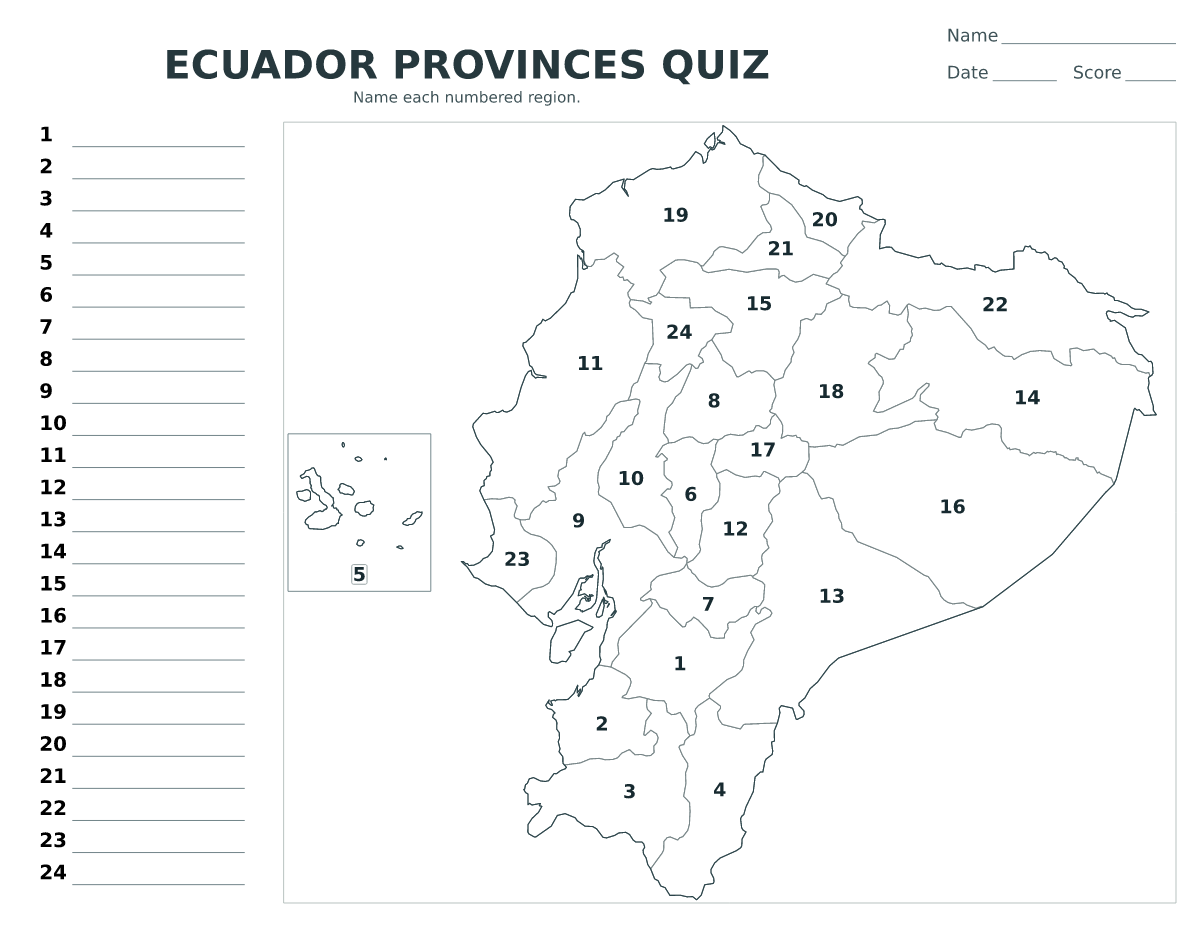 Cuestionario de provincias: Ecuador con 24 provincias con números.