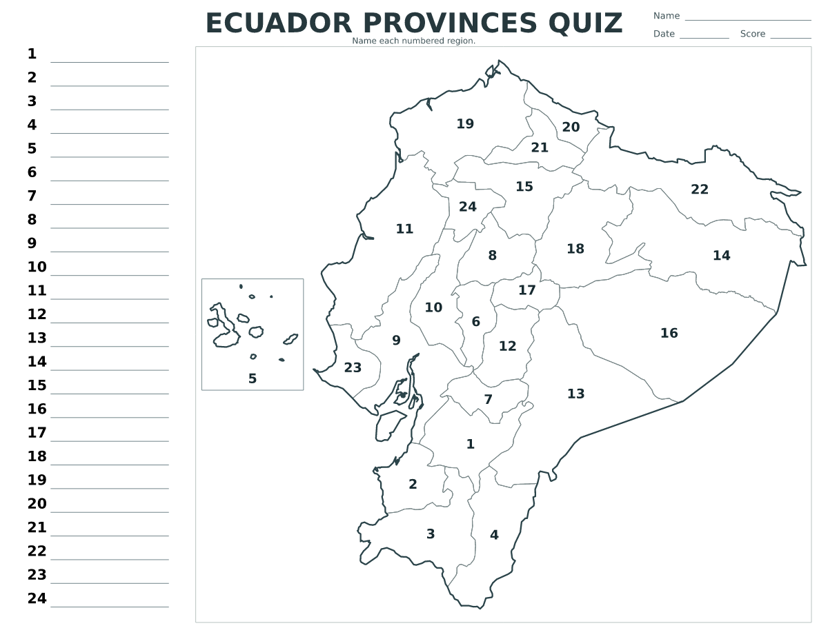 Cuestionario de provincias: Ecuador con 24 provincias con números.