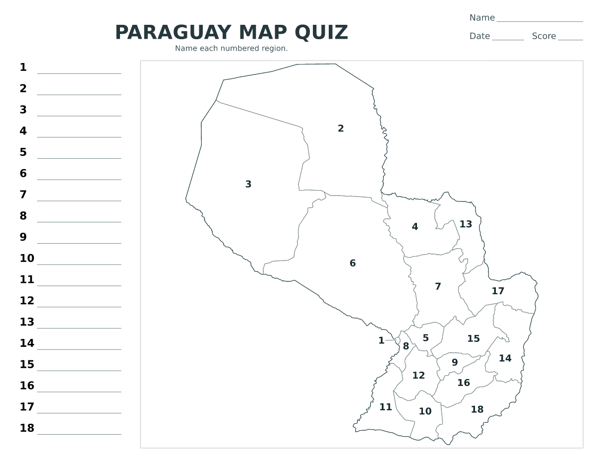 Cuestionario imprimible del mapa de Paraguay con 18 regiones numeradas.