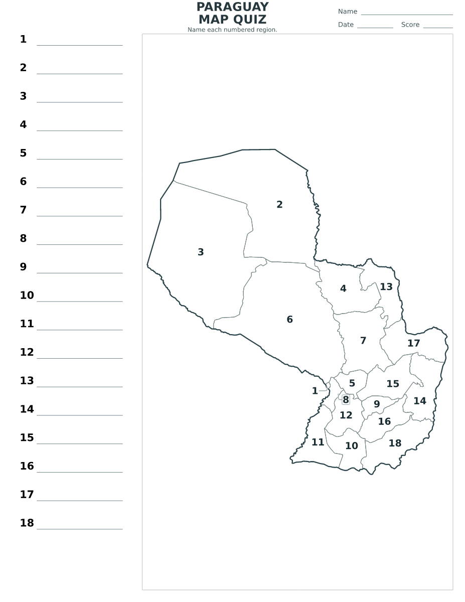 Quiz cartographique imprimable pour Paraguay avec 18 régions numérotées.