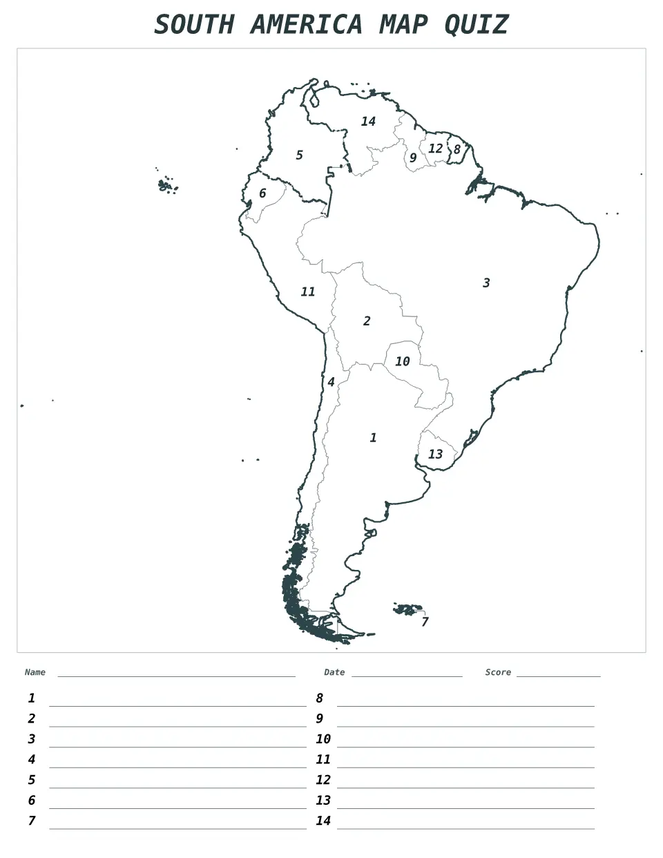 Vista previa del mapa Cuestionario numerado de South America