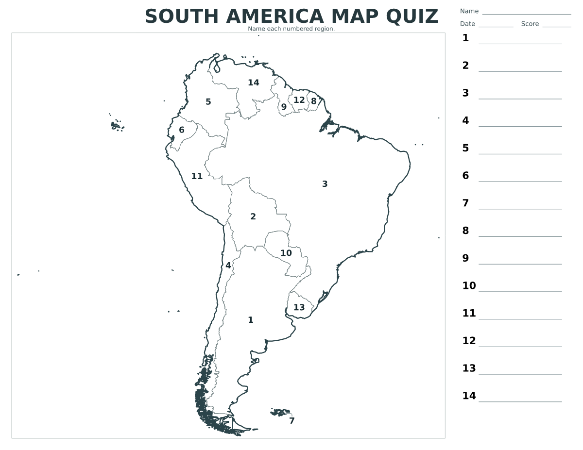 Cuestionario imprimible del mapa de South America con 14 regiones numeradas.