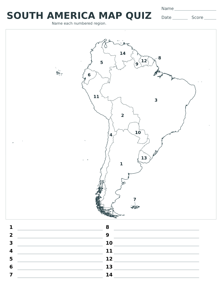 South America map quiz with 14 numbered regions.