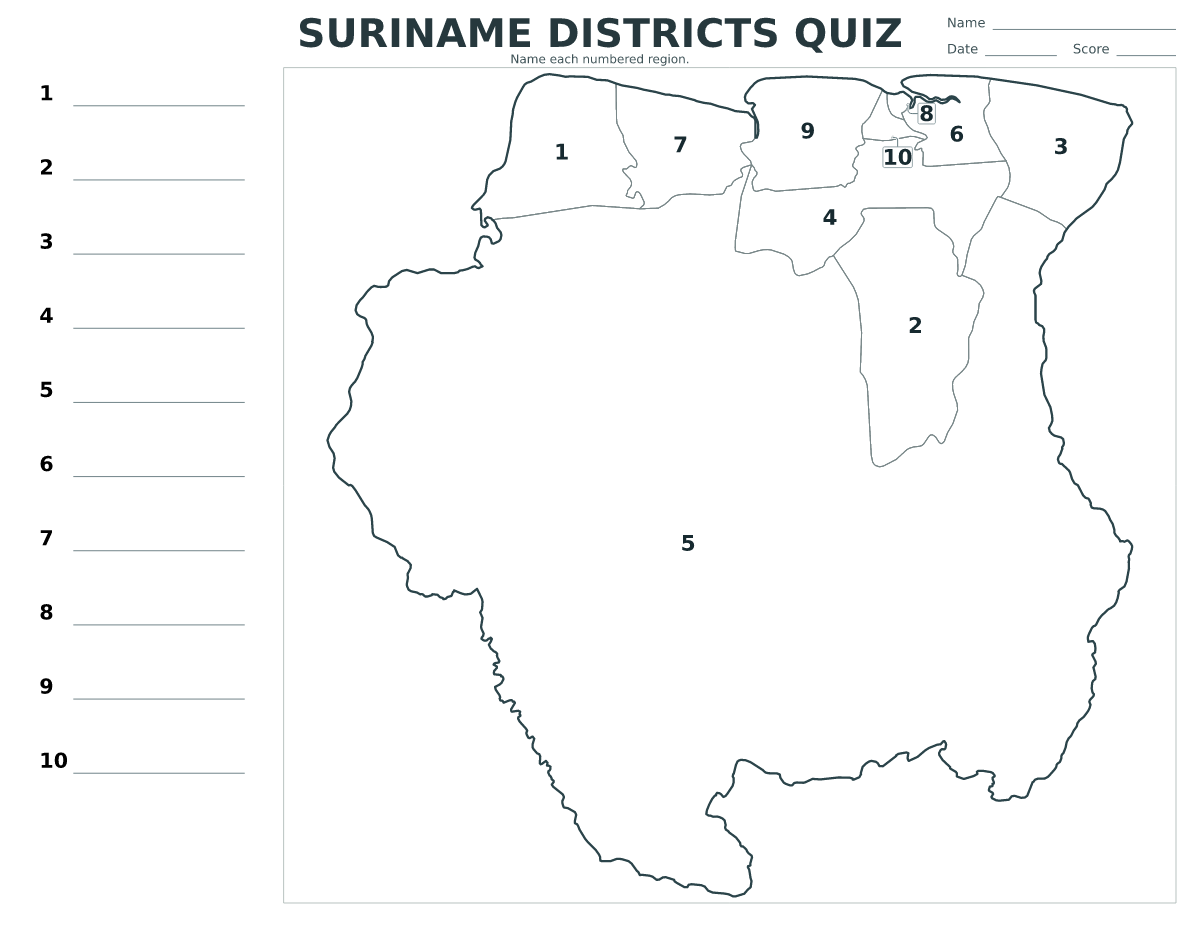 Cuestionario de distritos: Suriname con 10 distritos con números.