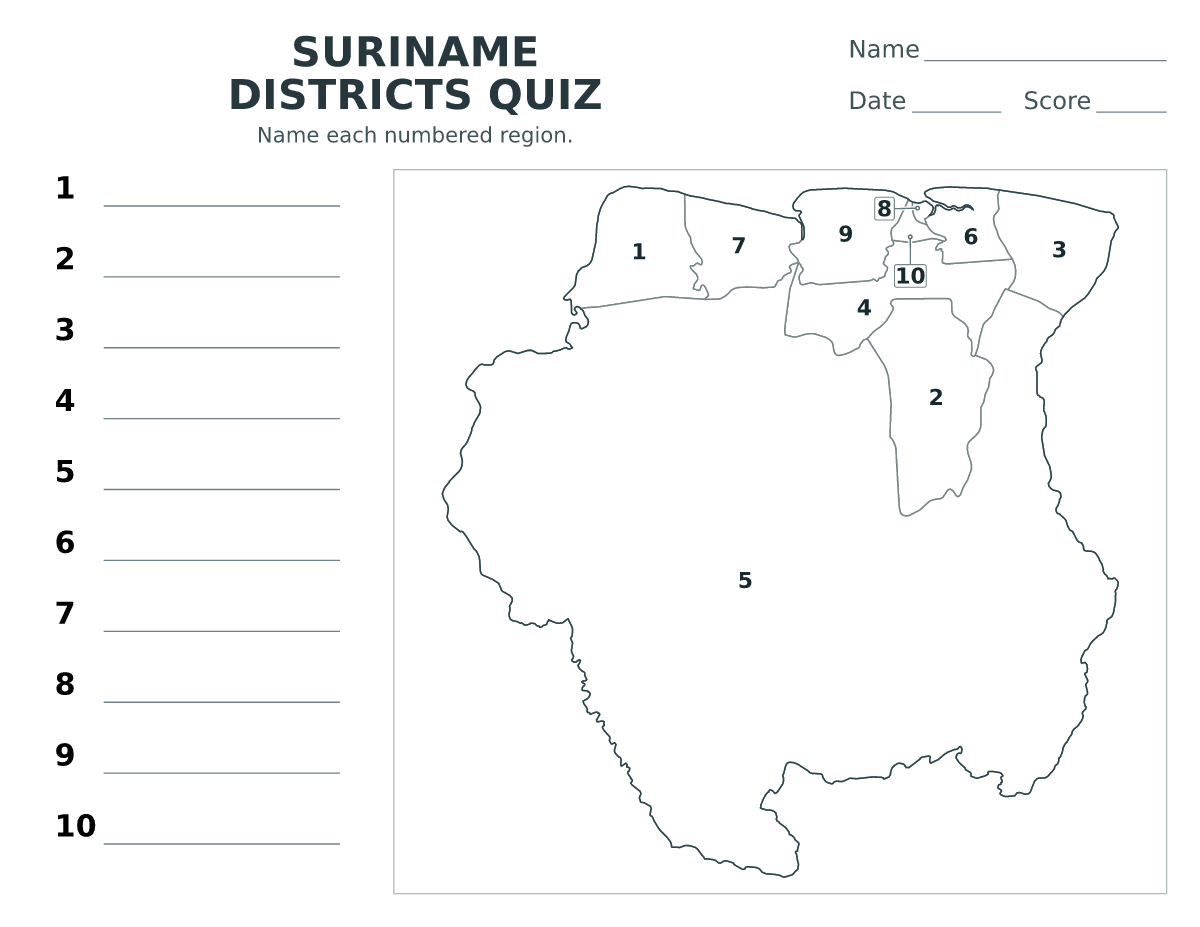 Cuestionario de distritos: Suriname con 10 distritos con números.