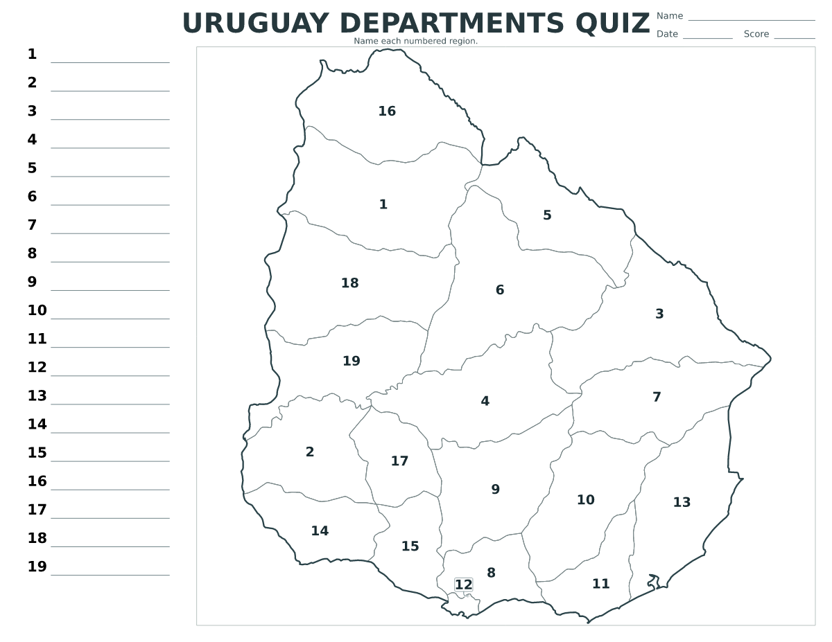 Quiz des départements : Uruguay avec 19 départements avec numéros.