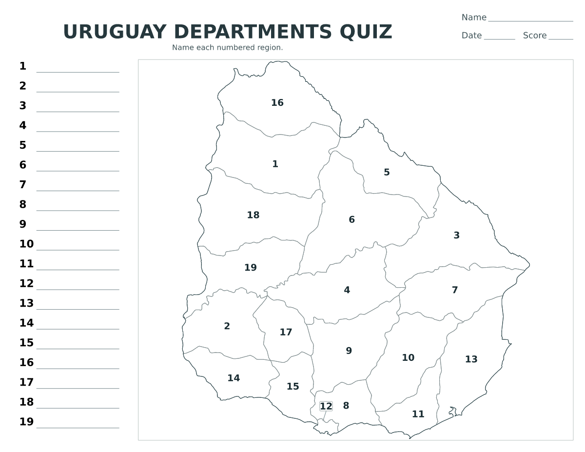 Cuestionario de departamentos: Uruguay con 19 departamentos con números.