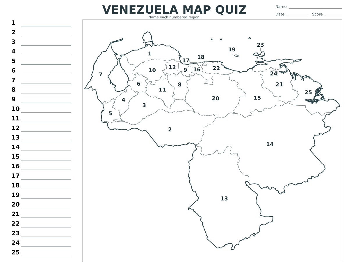 Quiz cartographique imprimable pour Venezuela avec 25 régions numérotées.