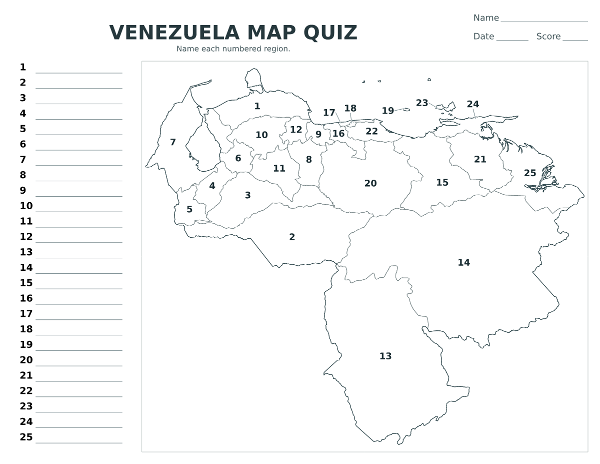 Cuestionario imprimible del mapa de Venezuela con 25 regiones numeradas.