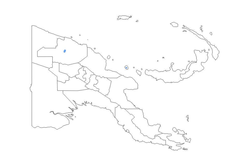 Mapa de Papua New Guinea de tipo contorno, subdivisiones y lagos para Oceania, con contorno, subdivisiones y lagos con 2 lagos principales.