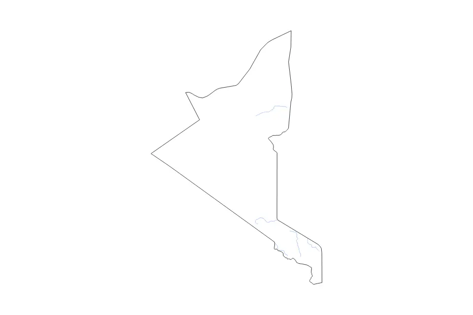 Outline map of Adrar, Algeria with subdivision borders and rivers.