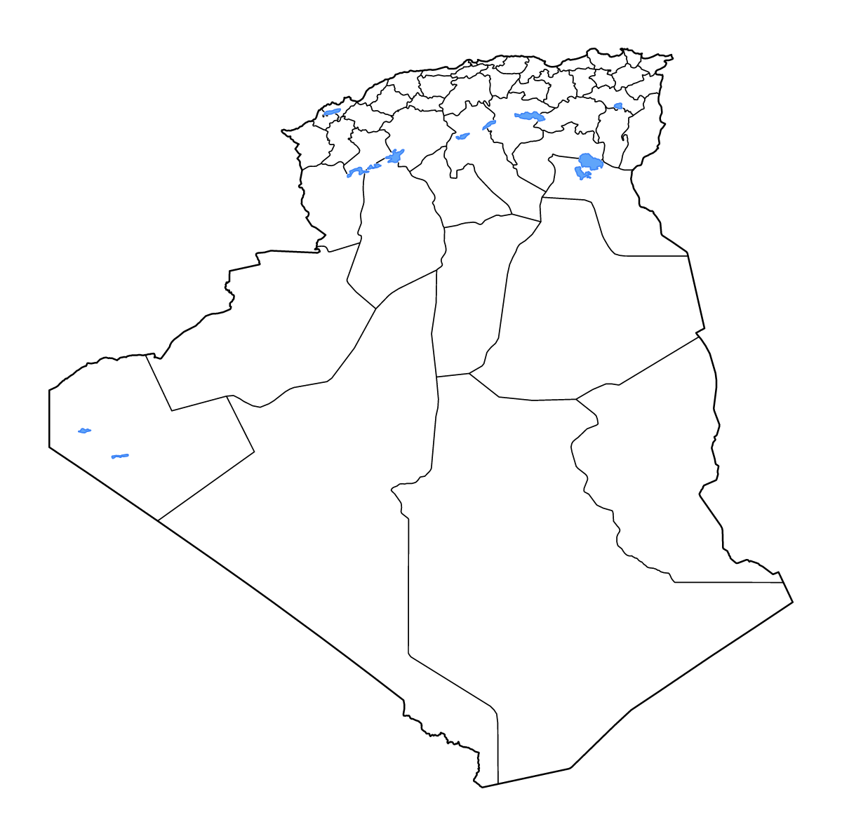 Mapa de contorno de Algeria con límites administrativos internos, lagos y ríos.