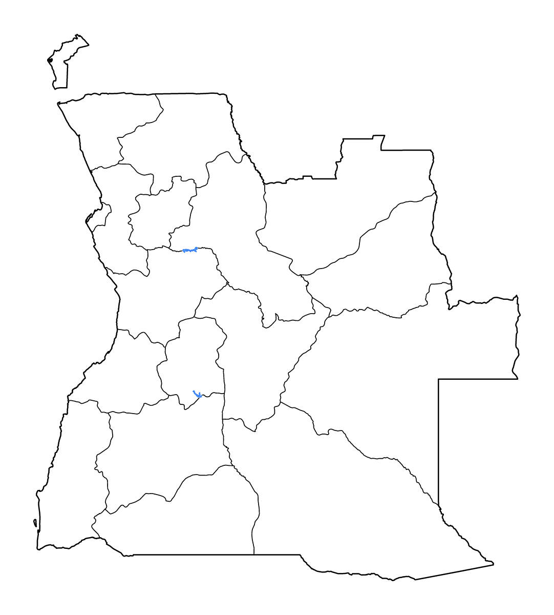 Mapa de contorno de Angola con límites administrativos internos, lagos y ríos.