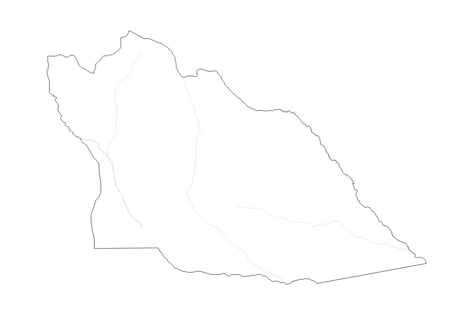 Outline map of Cuando Cubango, Angola with subdivision borders and rivers.