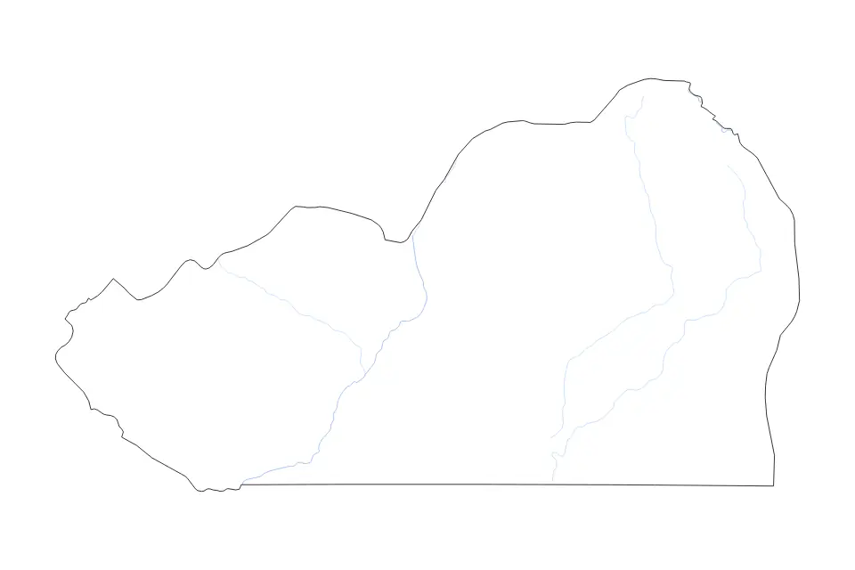Outline map of Cunene, Angola with subdivision borders and rivers.