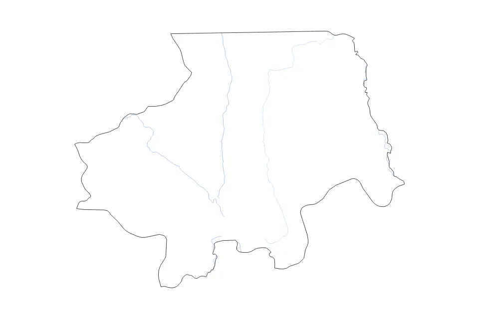 Outline map of Uíge, Angola with subdivision borders and rivers.