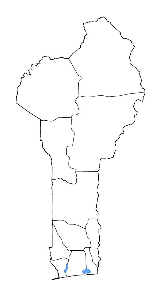 Mapa de contorno de Benin con límites administrativos internos, lagos y ríos.