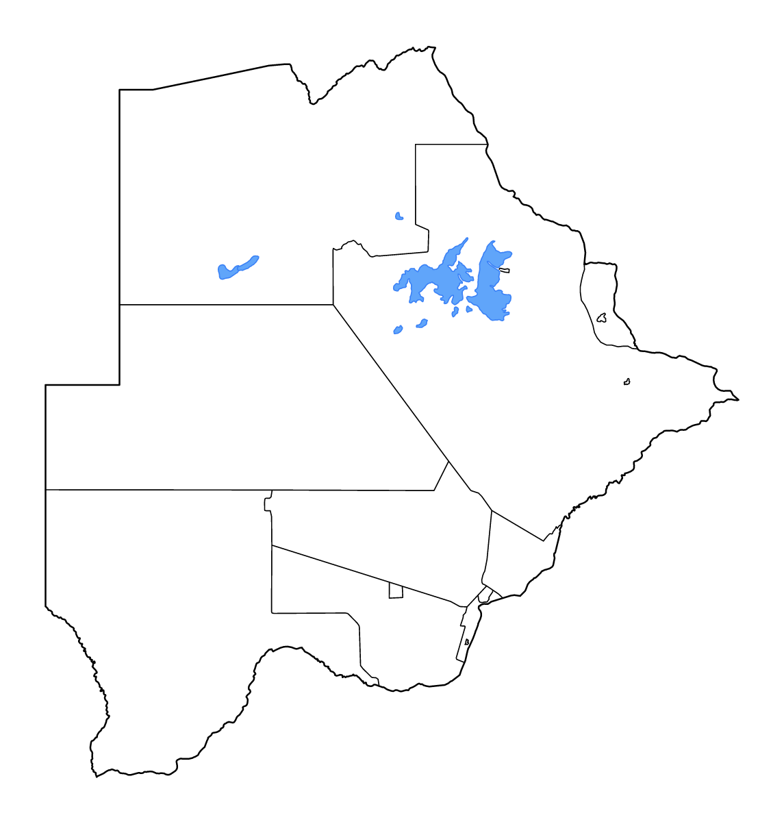 Mapa de contorno de Botswana con límites administrativos internos, lagos y ríos.