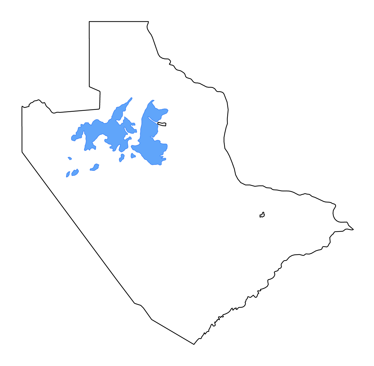 Mapa de contorno de Central, Botswana con lagos y ríos.