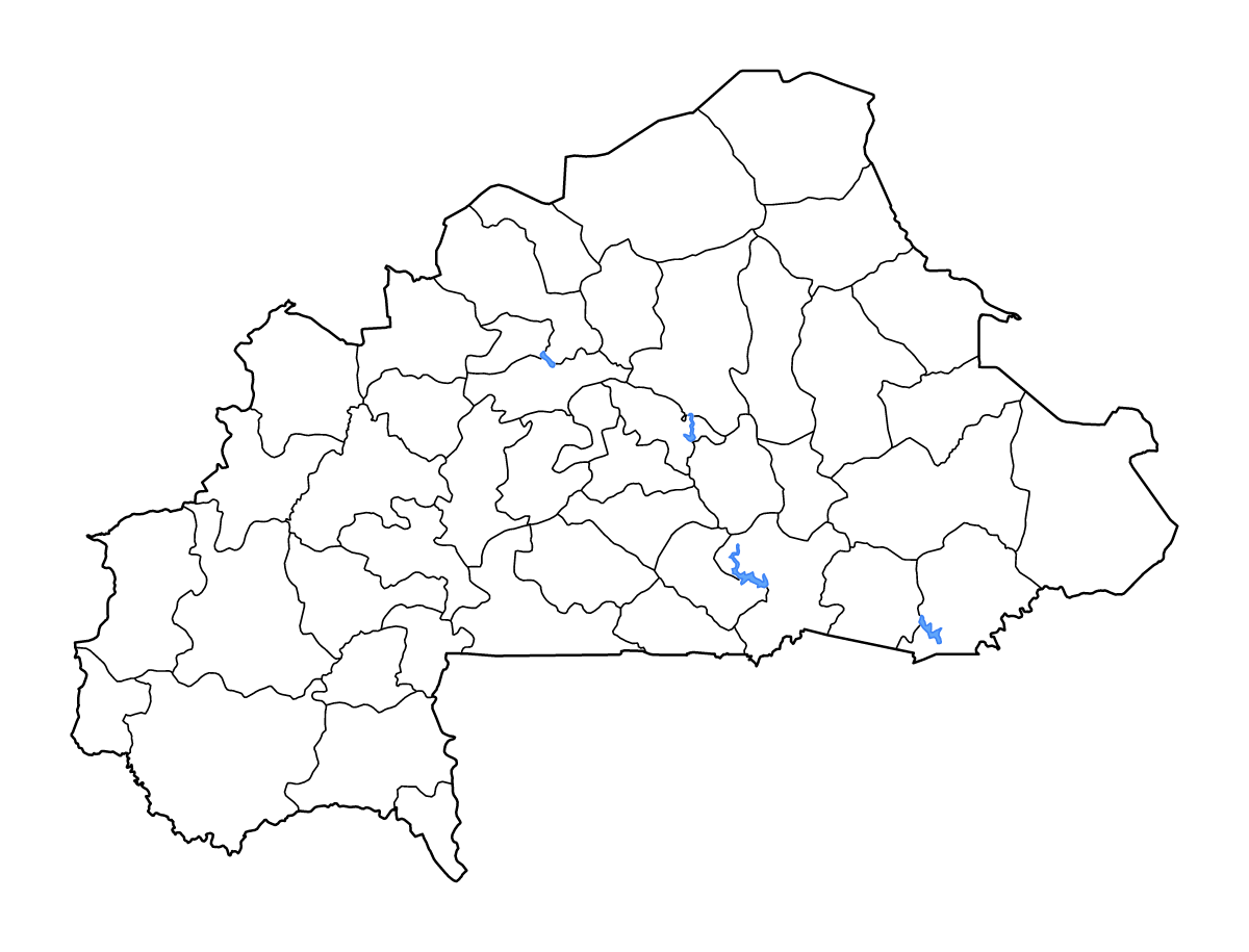 Mapa de contorno de Burkina Faso con límites administrativos internos, lagos y ríos.