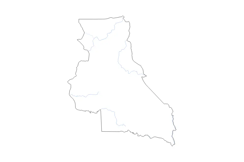 Outline map of East, Cameroon with subdivision borders and rivers.
