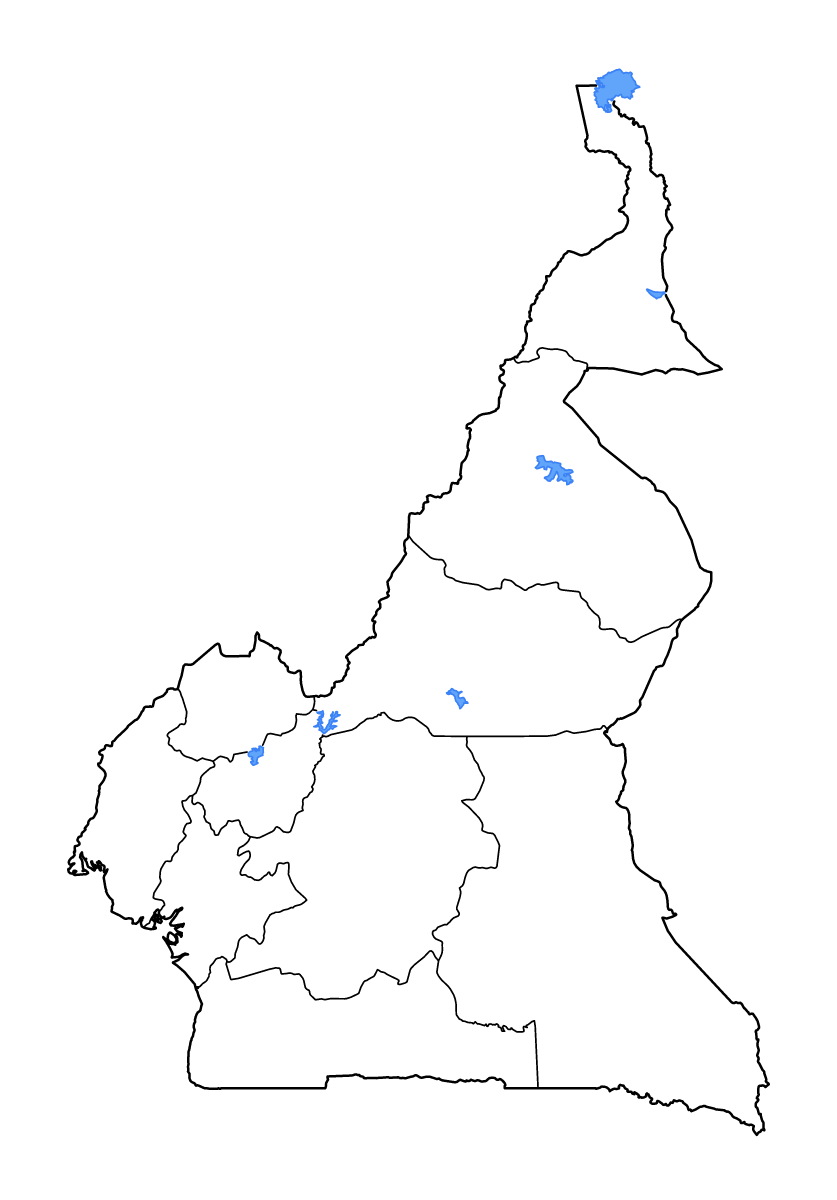 Carte de contour de Cameroon avec limites administratives internes, lacs et rivières.