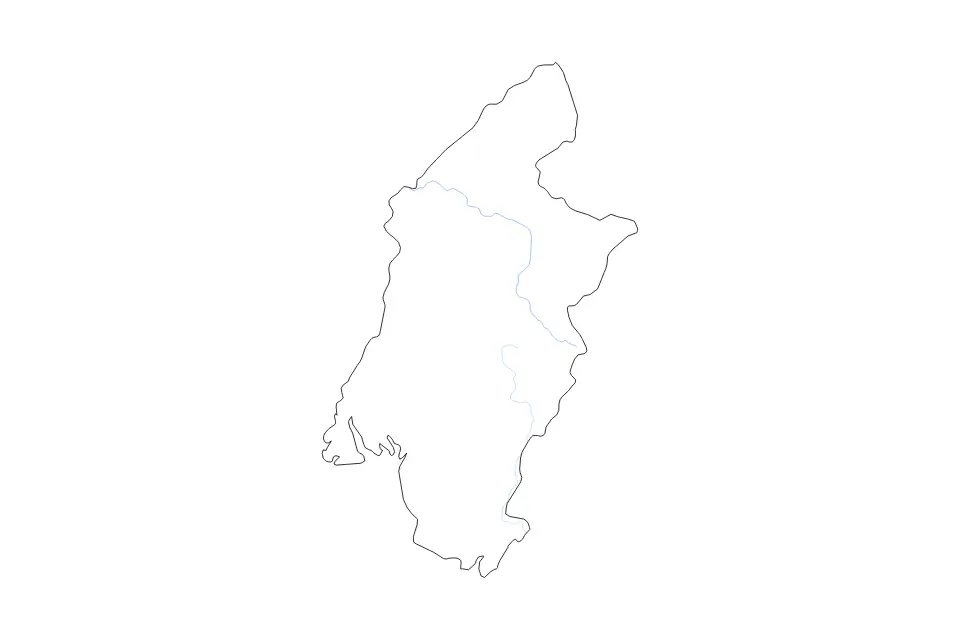 Outline map of Southwest, Cameroon with subdivision borders and rivers.