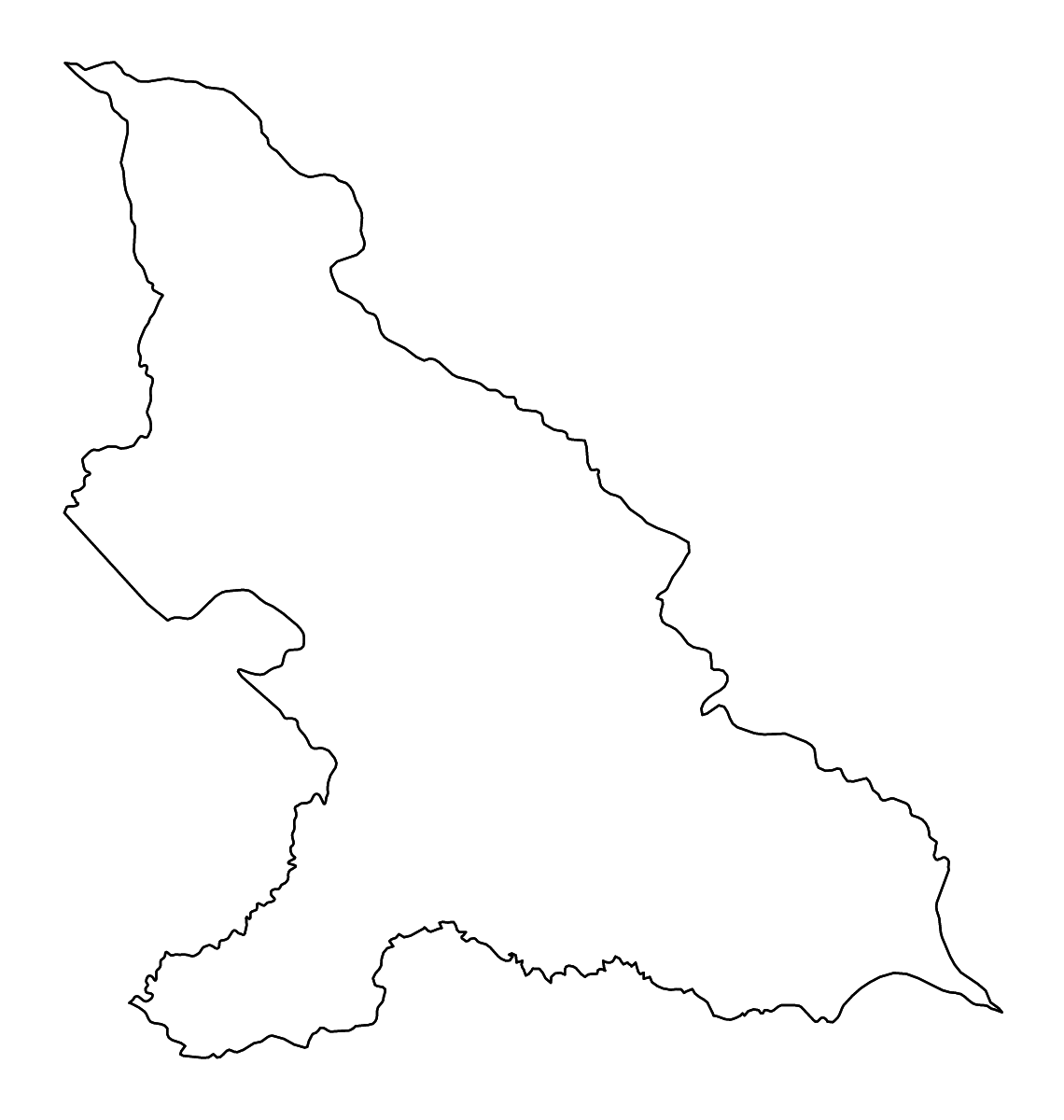 Outline map of Haut-Mbomou Prefecture, Central African Republic with rivers.