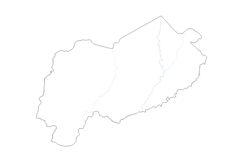 Outline map of Mbomou Prefecture, Central African Republic with subdivision borders and rivers.
