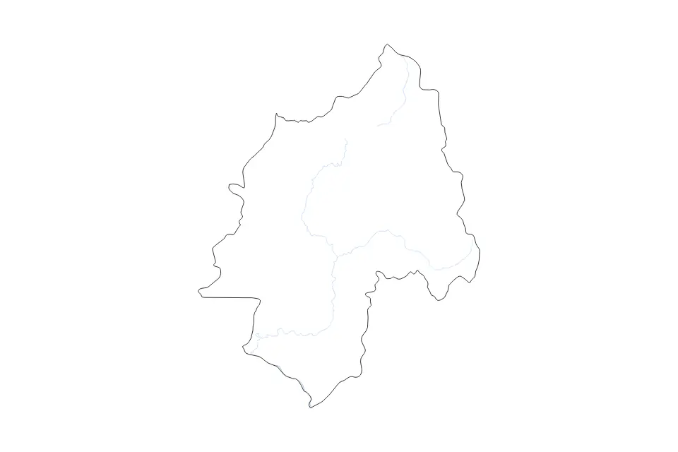 Outline map of Ouaka Prefecture, Central African Republic with subdivision borders and rivers.