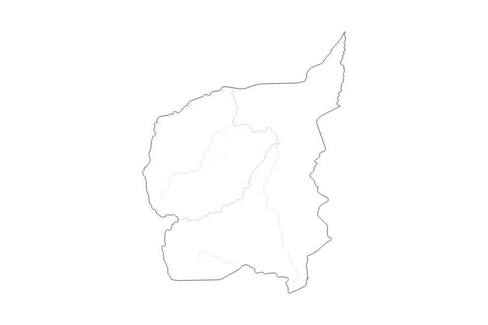Outline map of Ouham Prefecture, Central African Republic with subdivision borders and rivers.