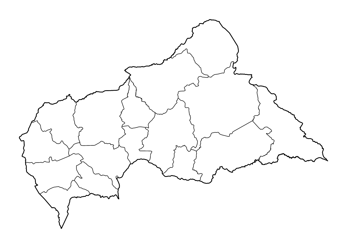 Mapa de contorno de Central African Republic con límites administrativos internos y ríos.