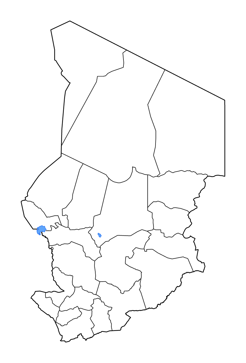 Carte de contour de Chad avec limites administratives internes, lacs et rivières.