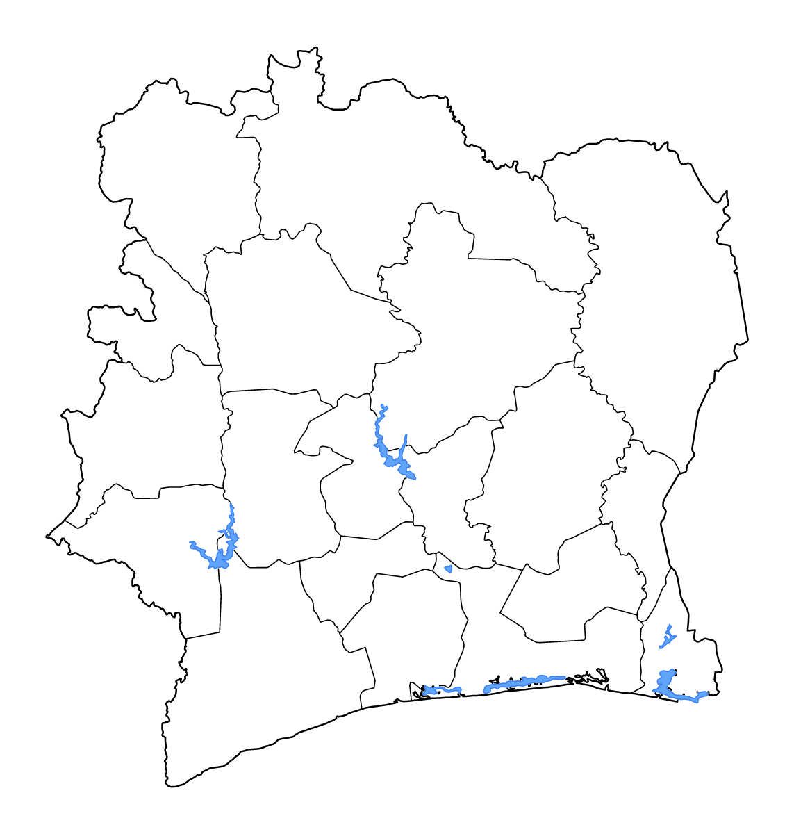 Mapa de contorno de Côte d'Ivoire con límites administrativos internos, lagos y ríos.