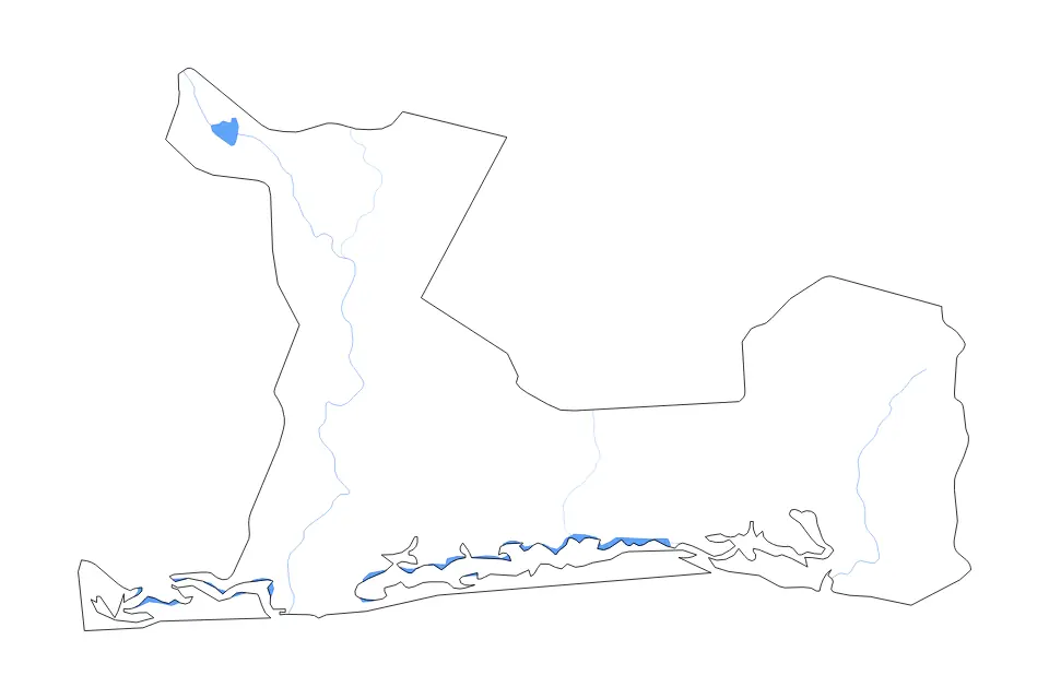 Outline map of Lagunes Department, Cote D Ivoire with subdivision borders and major lakes and rivers.