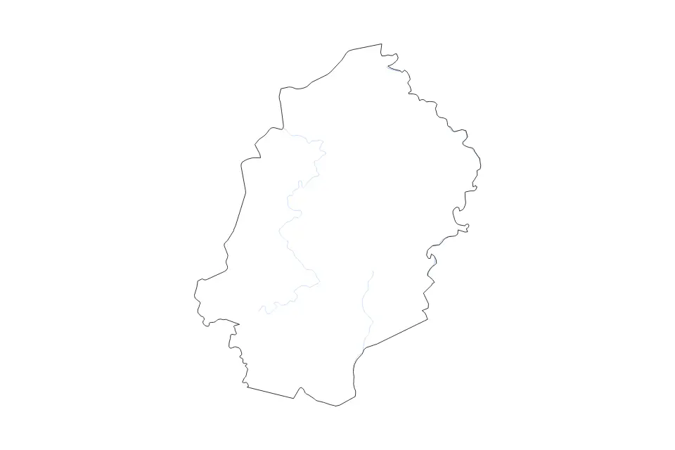 Outline map of N'zi-Comoé Department, Cote D Ivoire with subdivision borders and rivers.