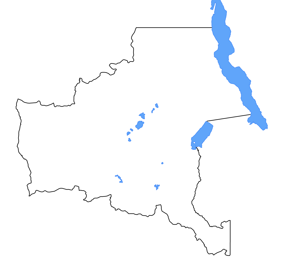 Carte de contour de Katanga, Democratic Republic of the Congo avec lacs et rivières.