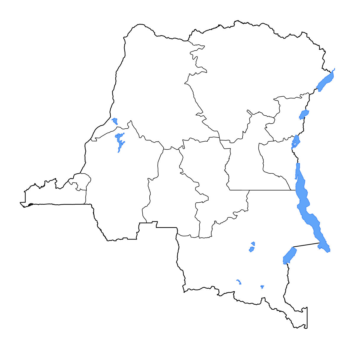 Carte de contour de Democratic Republic of the Congo avec limites administratives internes, lacs et rivières.
