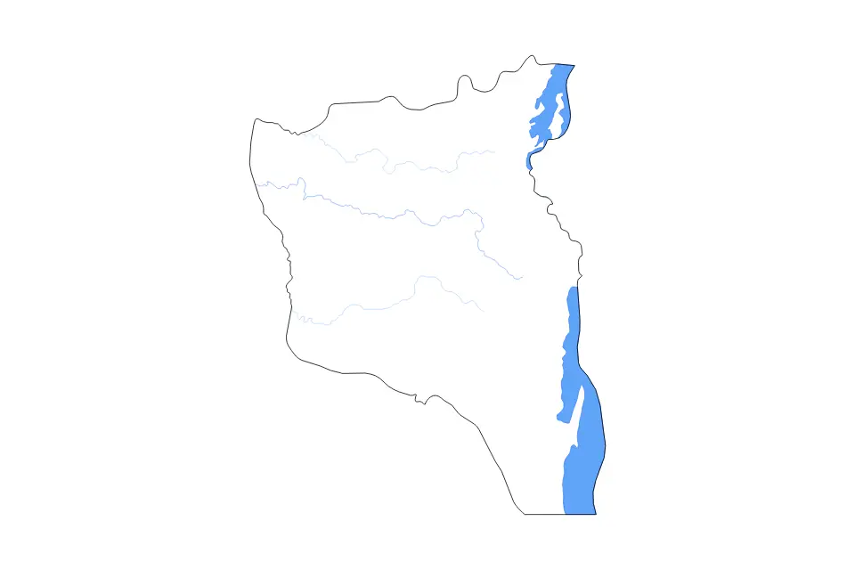 Outline map of South Kivu, Democratic Republic Of The Congo with subdivision borders and major lakes and rivers.