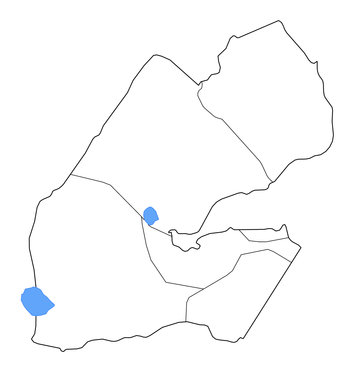 Mapa de contorno de Djibouti (país) con límites administrativos internos y lagos.