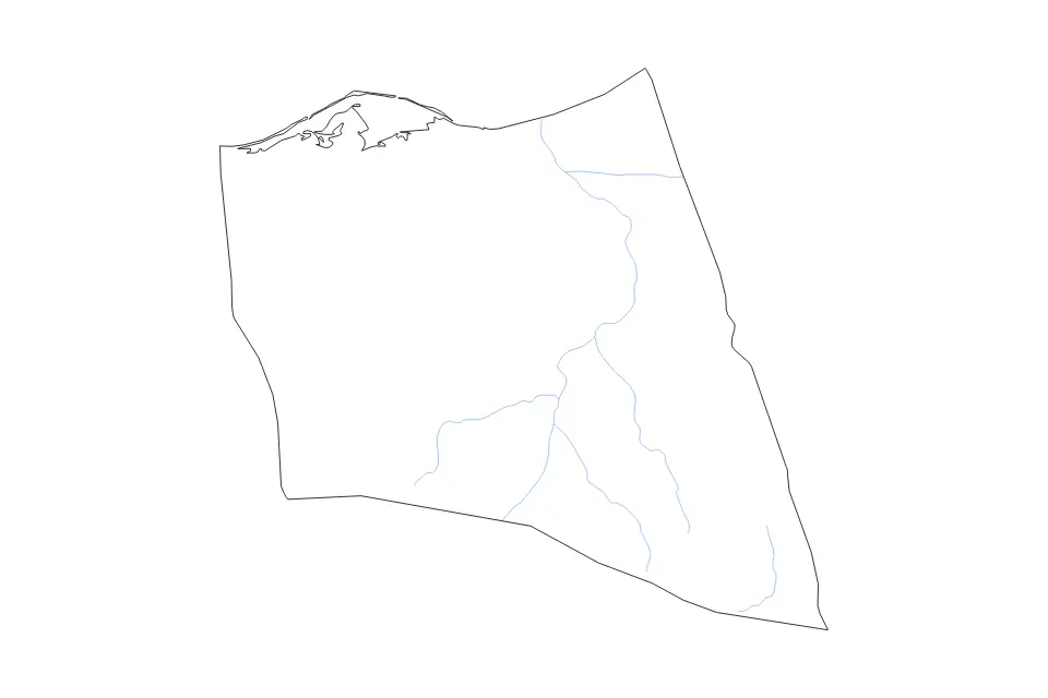Outline map of North Sinai Governorate, Egypt with subdivision borders and rivers.
