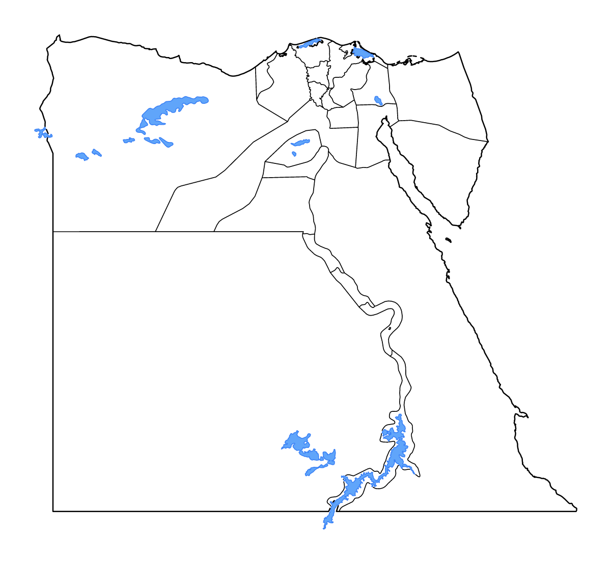 Mapa de contorno de Egypt con límites administrativos internos, lagos y ríos.