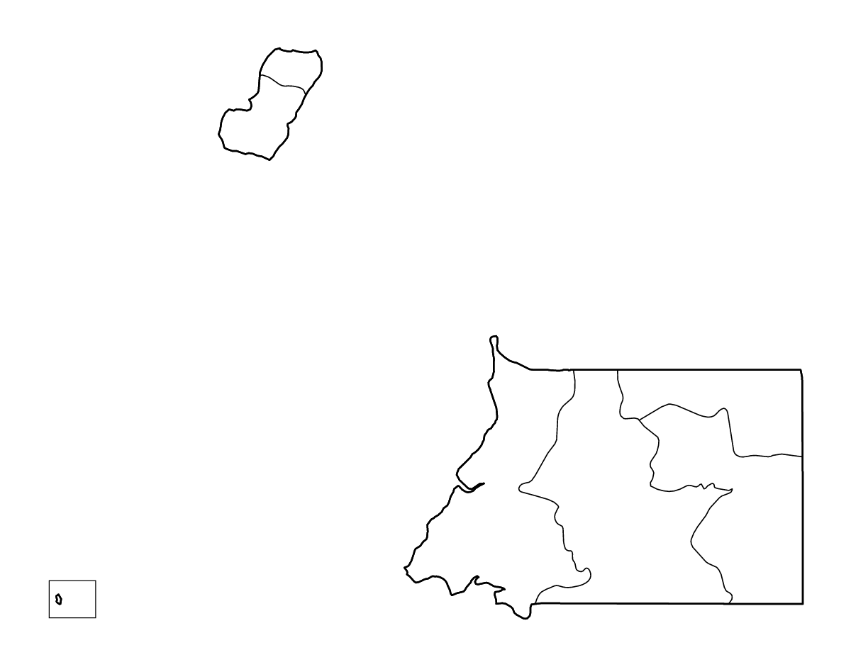 Mapa de contorno de Equatorial Guinea con límites administrativos internos y ríos.