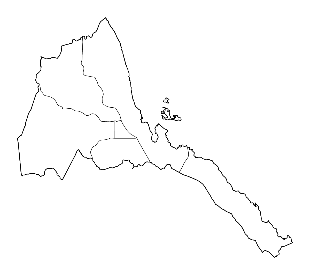 Mapa de contorno de Eritrea con límites administrativos internos y ríos.