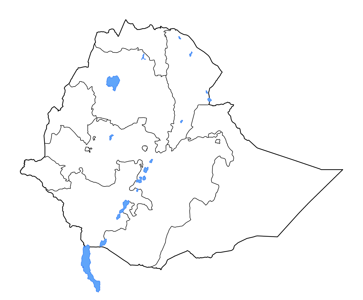 Mapa de contorno de Ethiopia con límites administrativos internos, lagos y ríos.