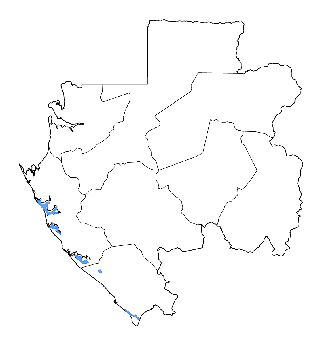 Mapa de contorno de Gabon con límites administrativos internos, lagos y ríos.