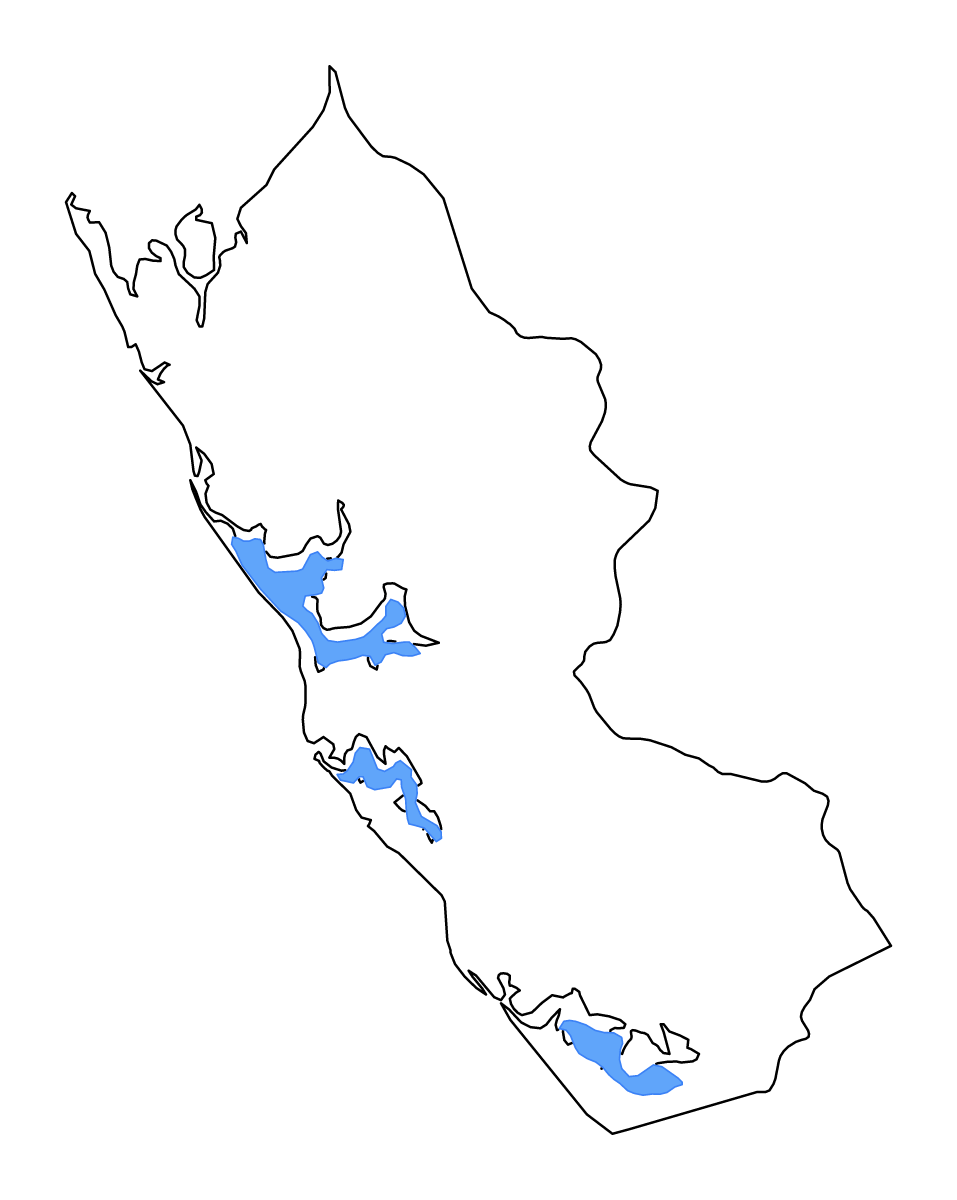 Mapa de contorno de Ogooué-Maritime, Gabon con lagos y ríos.