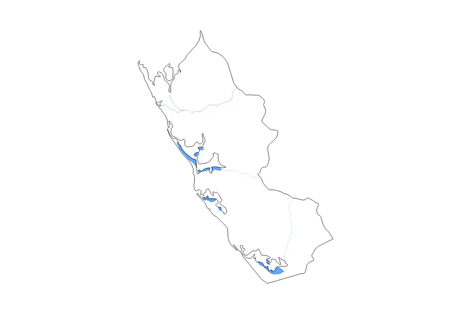 Outline map of Ogooué-Maritime, Gabon with subdivision borders and major lakes and rivers.