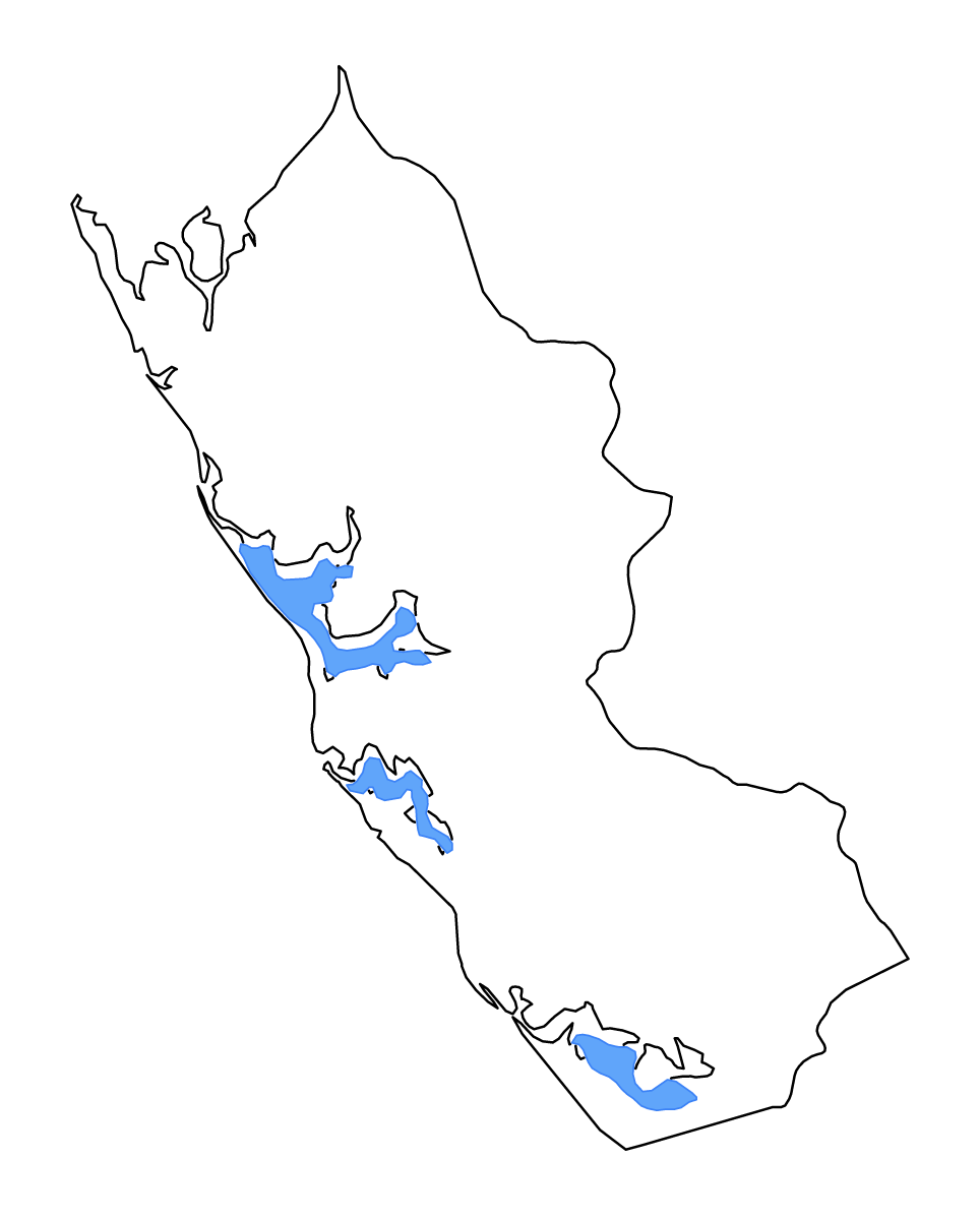 Mapa de contorno de Ogooué-Maritime, Gabon con lagos y ríos.