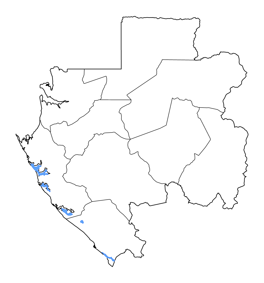 Carte de contour de Gabon avec limites administratives internes, lacs et rivières.